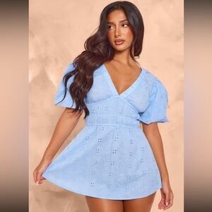 NWT Petite Blue Broderie Puff Sleeve Tie Back Shift Dress